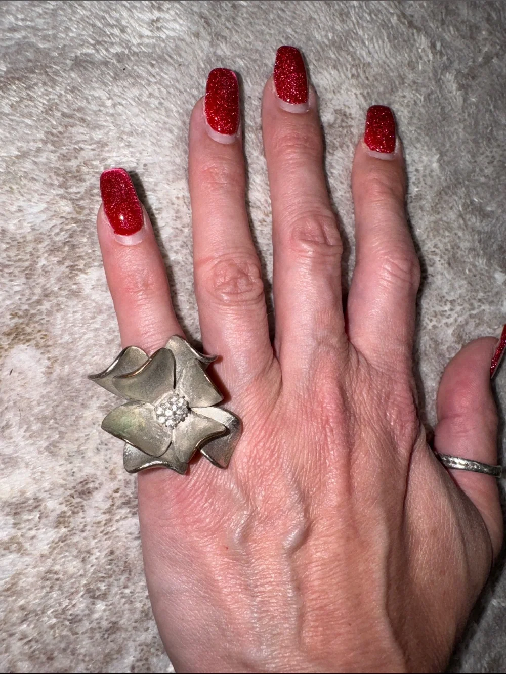 Silver Floral Cocktail Ring with Crystal Accent - Women's Statement Jewelry
